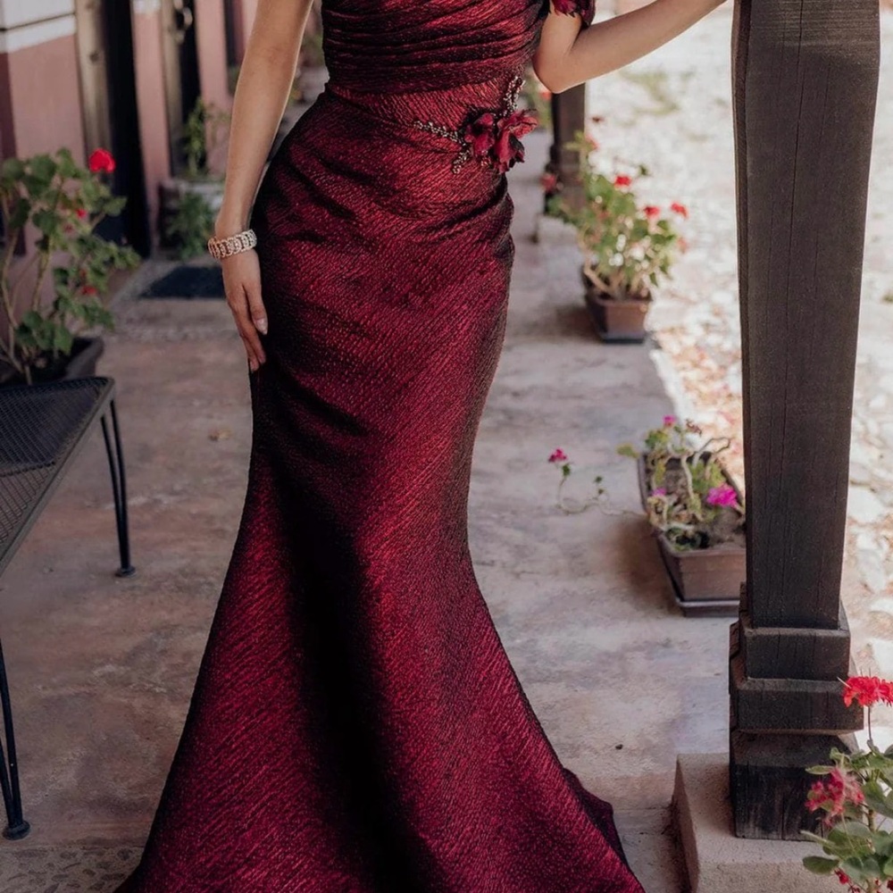 Terani Couture One-Shoulder Metallic Wine Evening Gown
